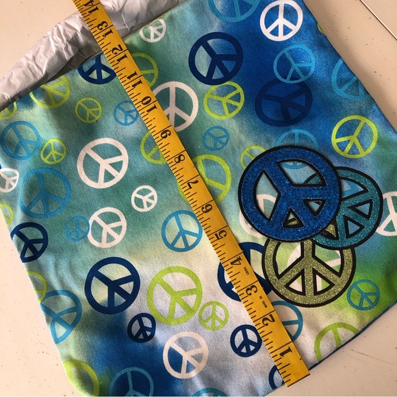 Blue Green Peace Sign Cotton Canvas Crossbody Shoulder Bag Bohemian Hippie Bag - Picture 4 of 14